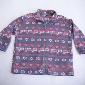 Vintage Haband Grey Pink Snowflake Fleece Festive Holiday Zip Up Sweater LG